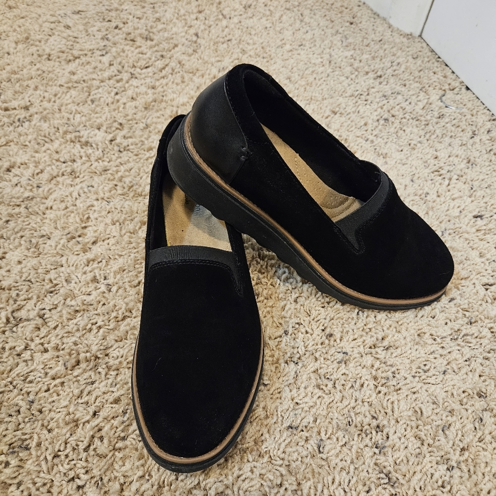 Clarks black velvet slip ons